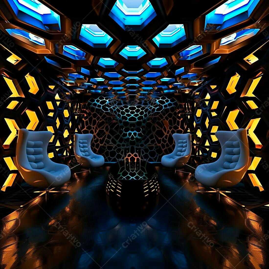 Sala futurista com poltronas e iluminação azul e laranja