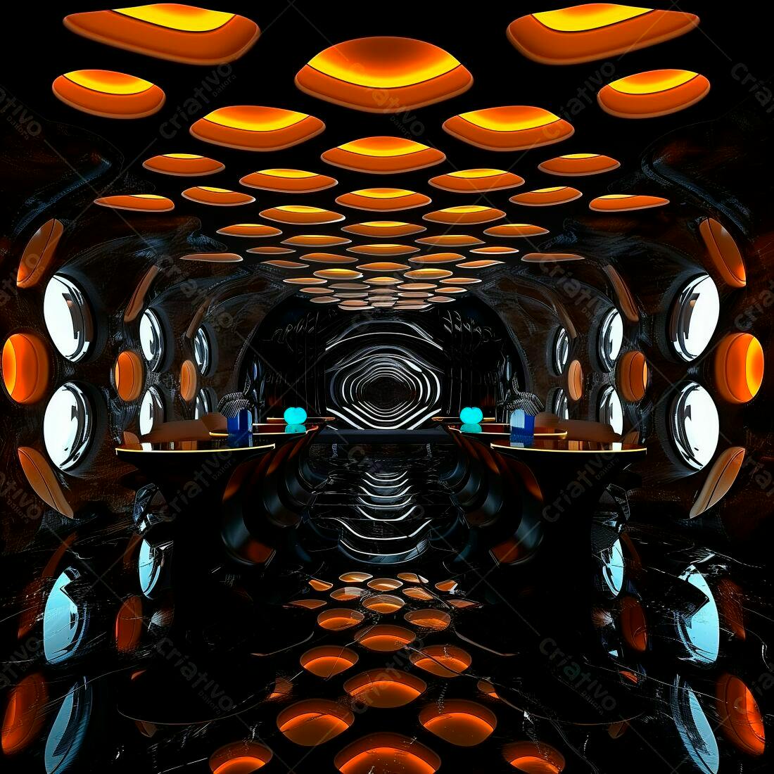 Lounge futurista com iluminação laranja e azul