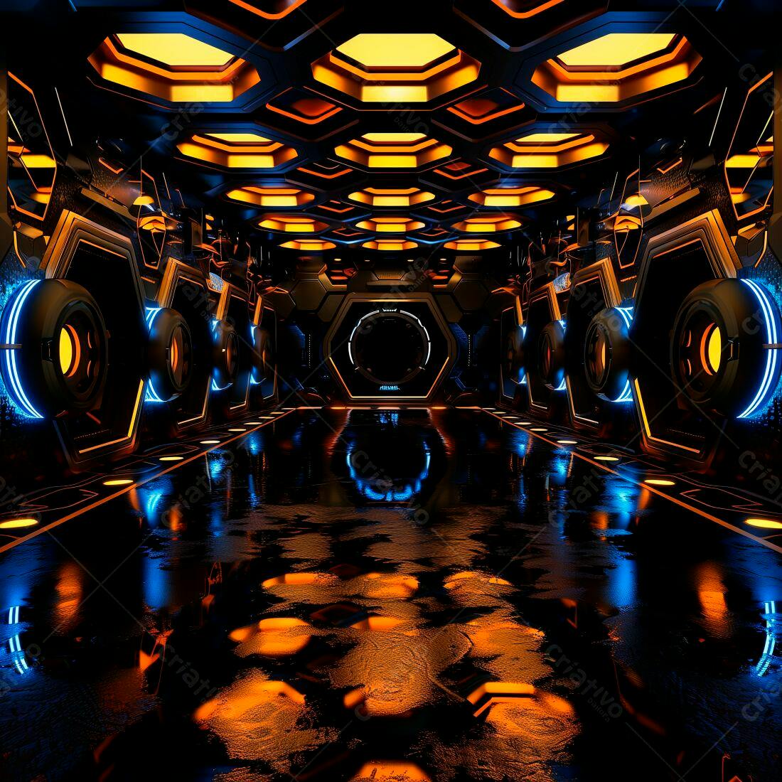 Corredor futurista com iluminação laranja e azul