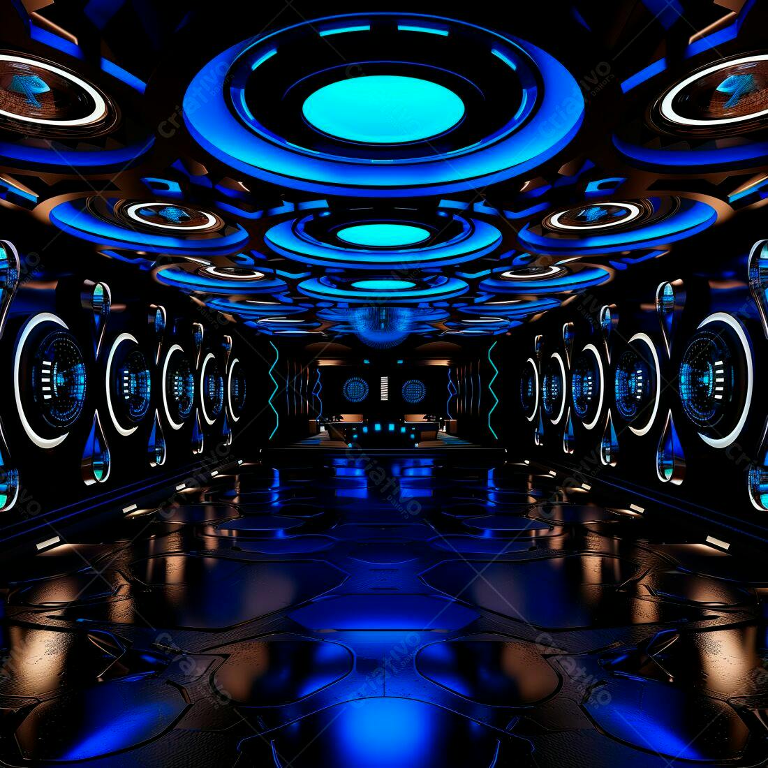 Clube noturno futurista com iluminação azul e preta