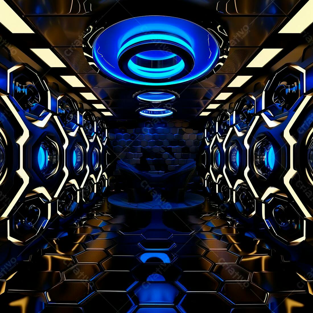 Ambiente futurista com iluminação azul e hexagonal