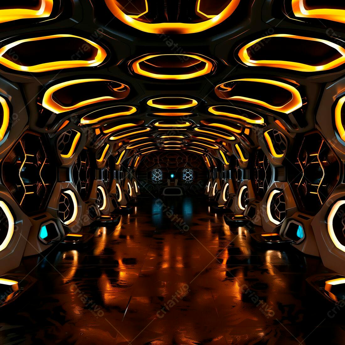 Corredor futurista com iluminação laranja e detalhes azuis