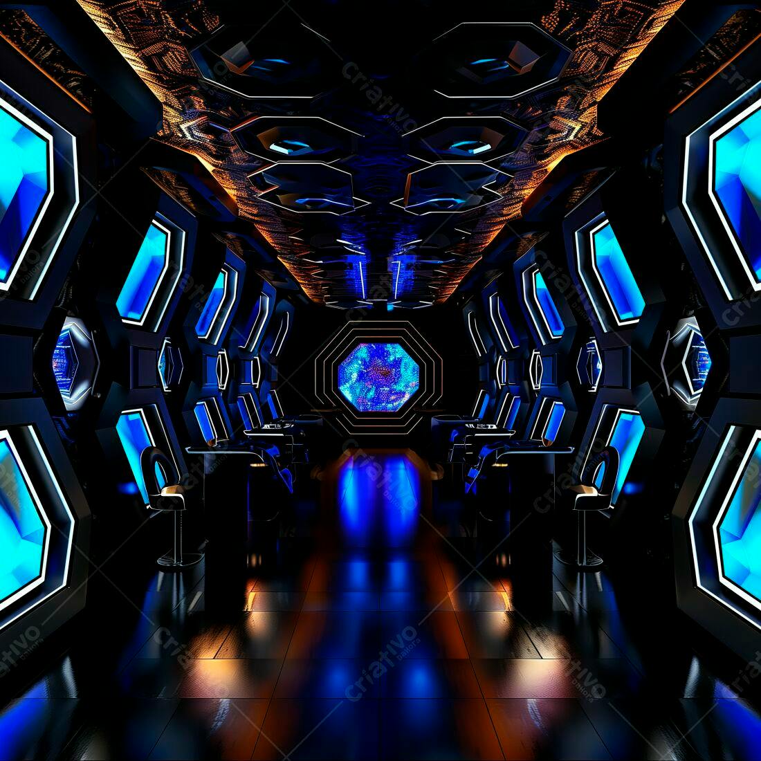 Lounge futurista azul e preto