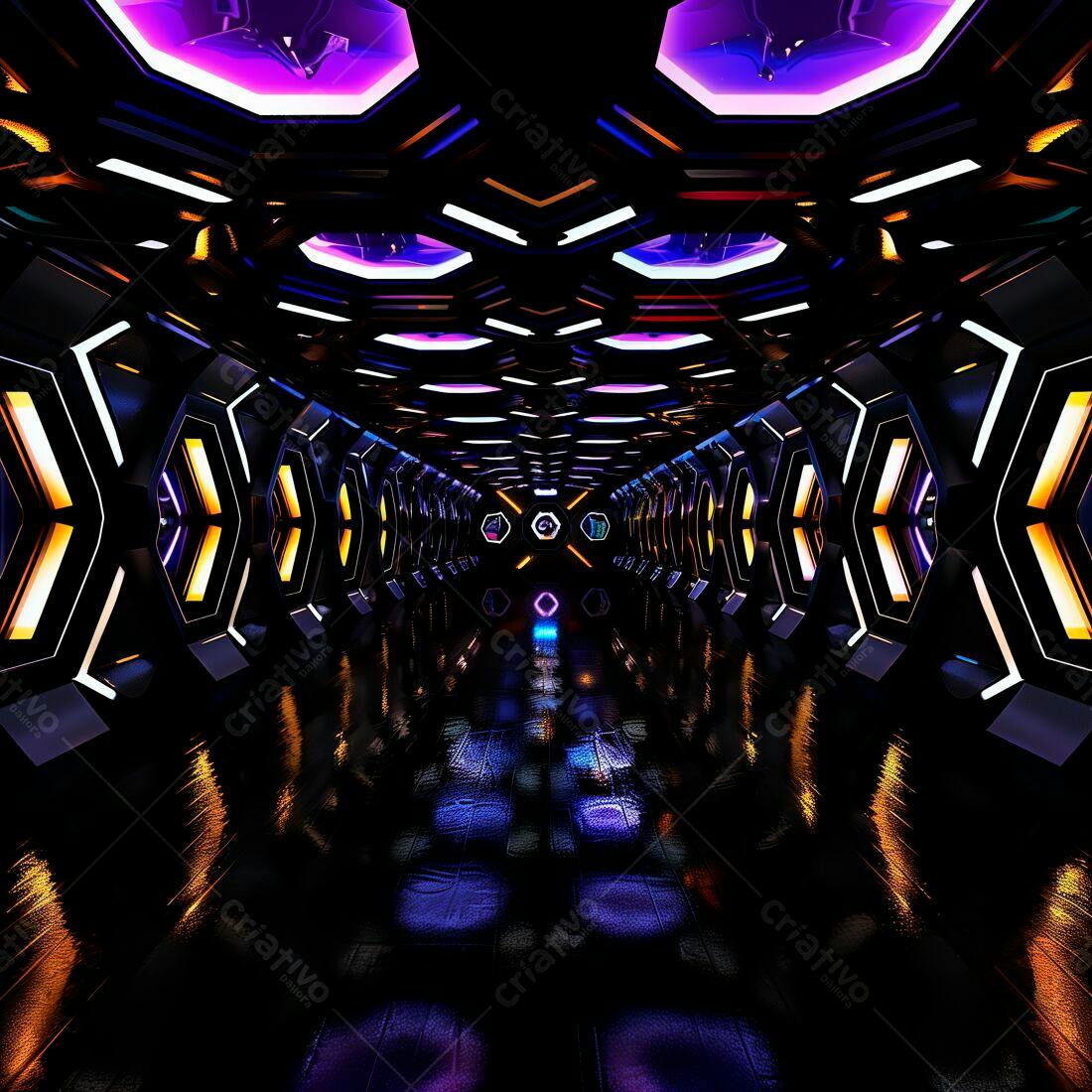 Corredor futurista com luzes neon roxo e laranja