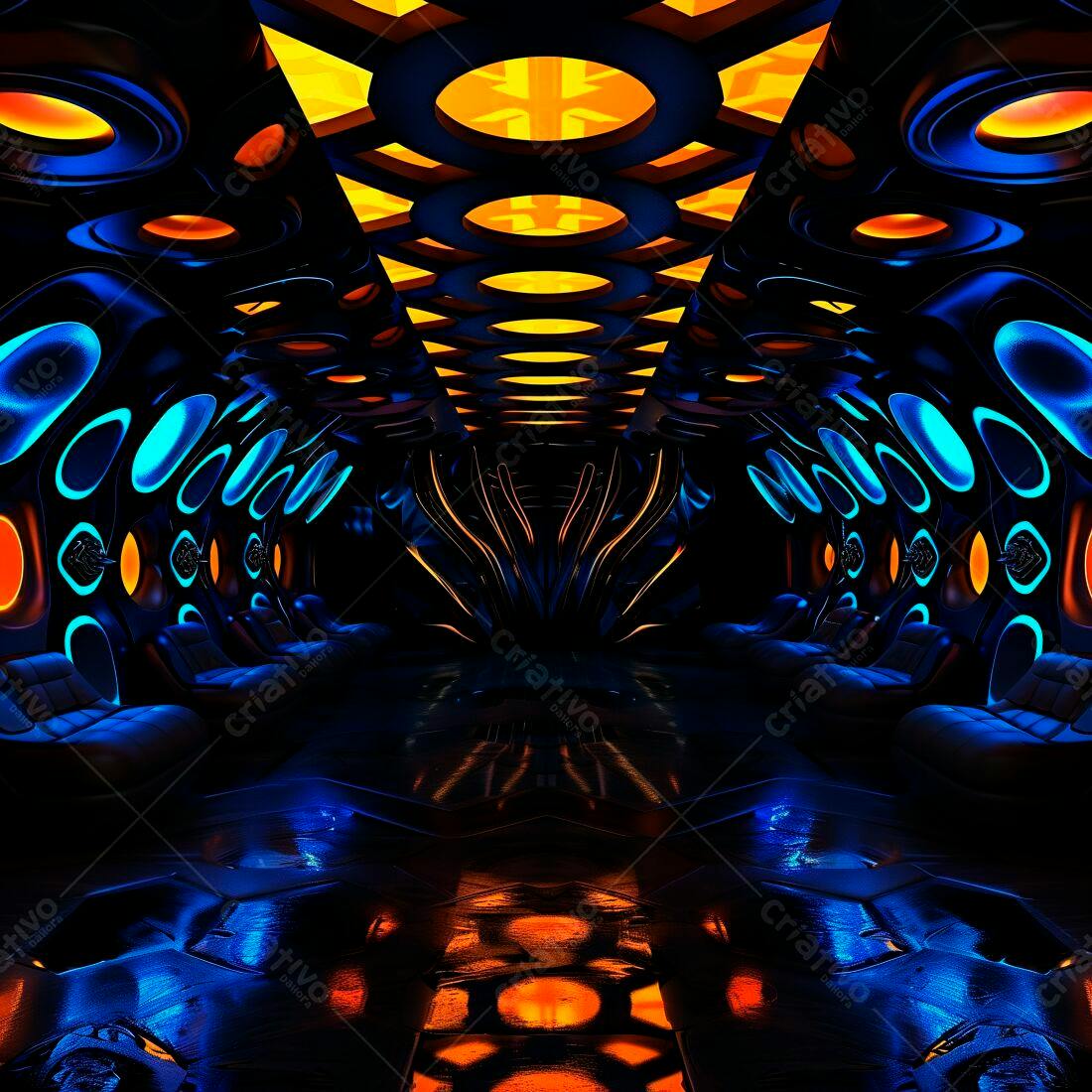 Interior futurista com iluminação azul e laranja