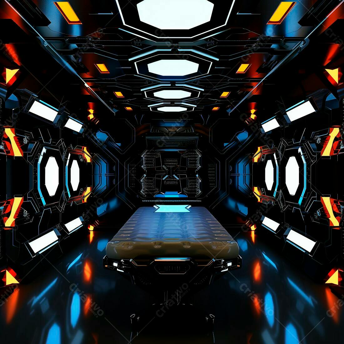Nave espacial futurista interior azul laranja