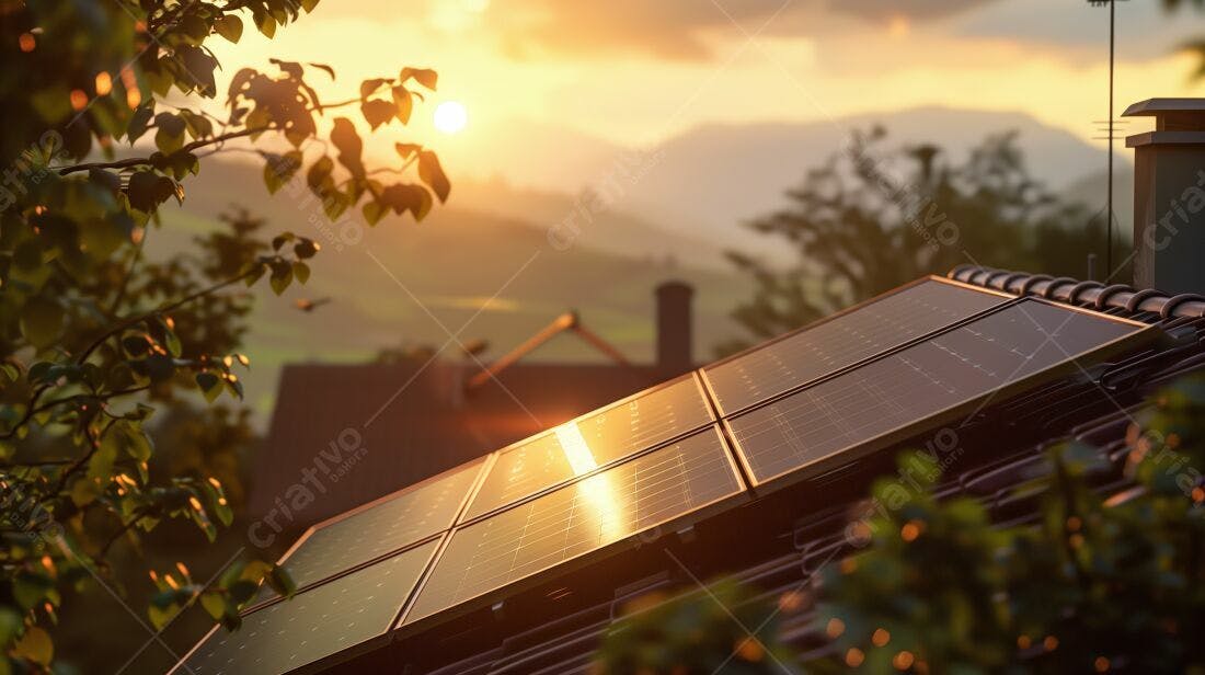 Painéis Solares no Pôr do Sol