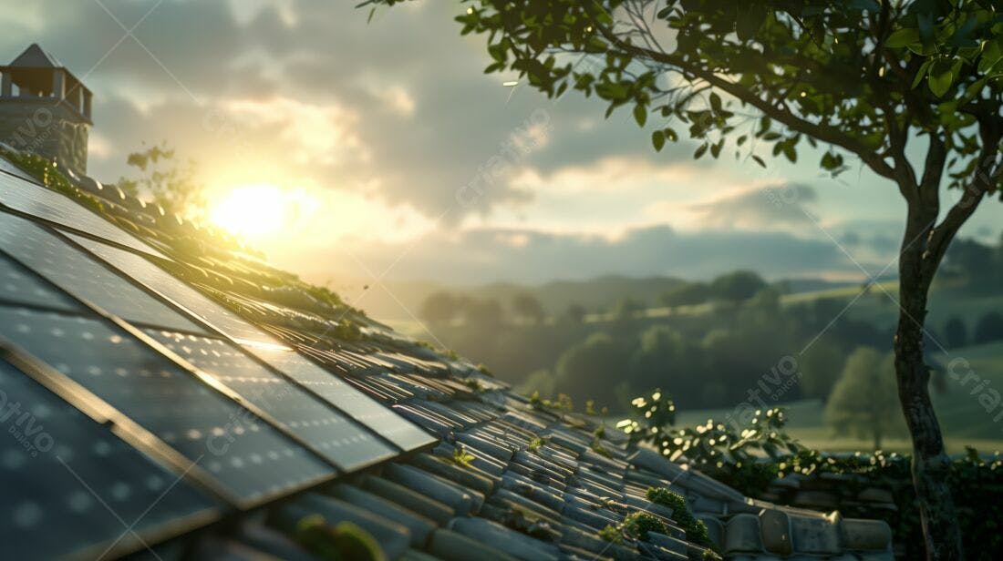 Painéis Solares em Telhado Rural ao Pôr do Sol
