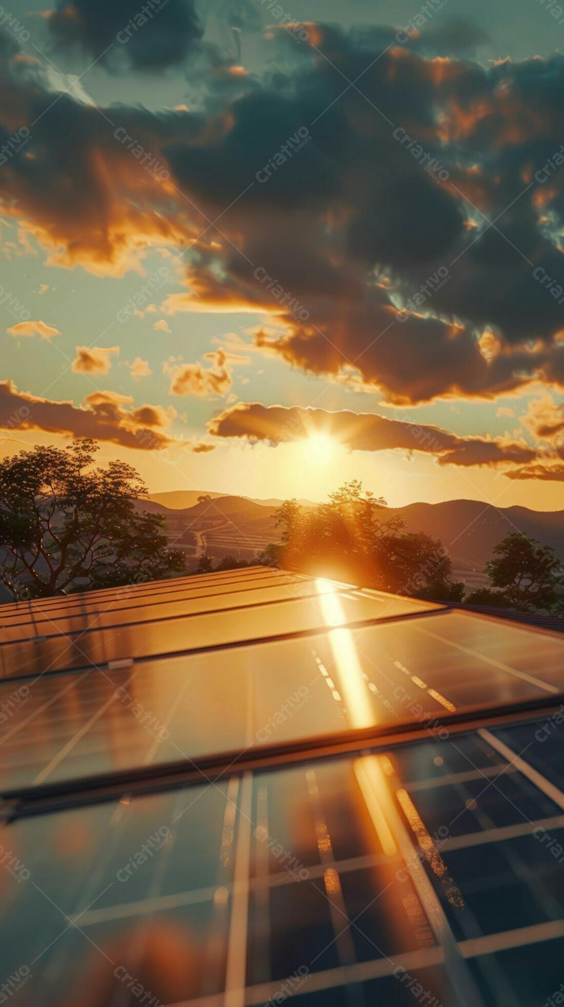 Painéis Solares no Pôr do Sol