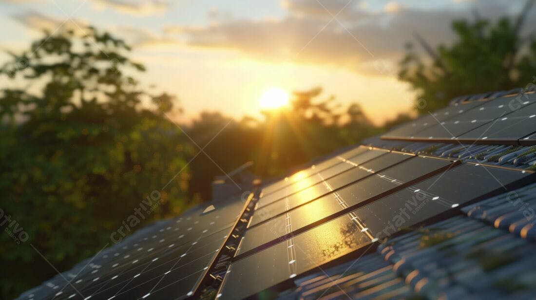 Painéis Solares no Telhado ao Pôr do Sol