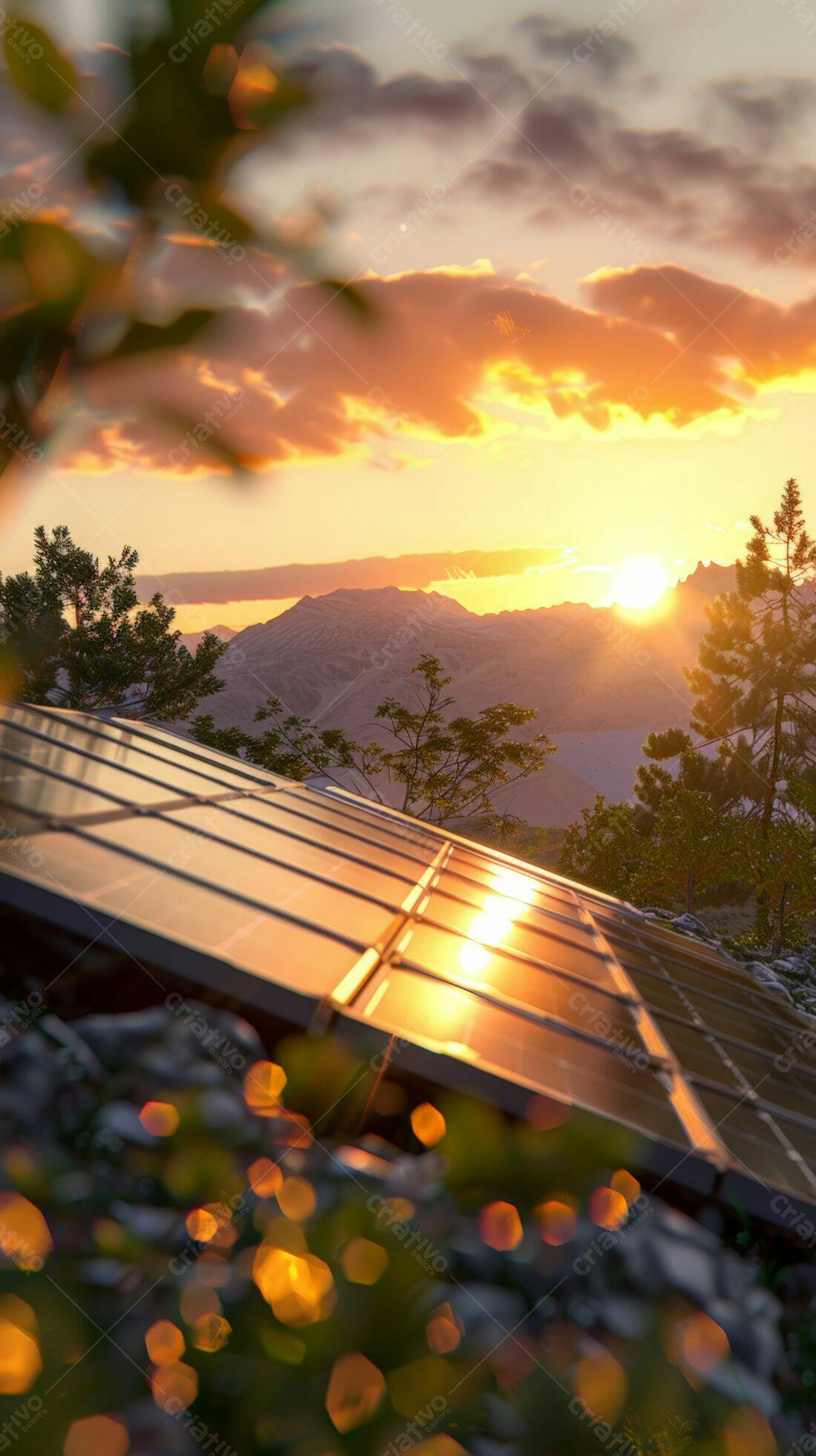 Painéis Solares no Pôr do Sol Montanhoso