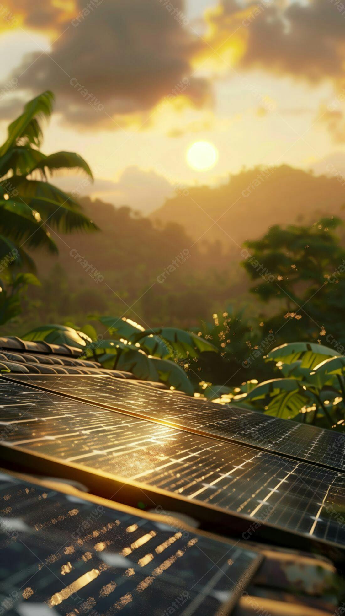 Painéis Solares ao Pôr do Sol Tropical