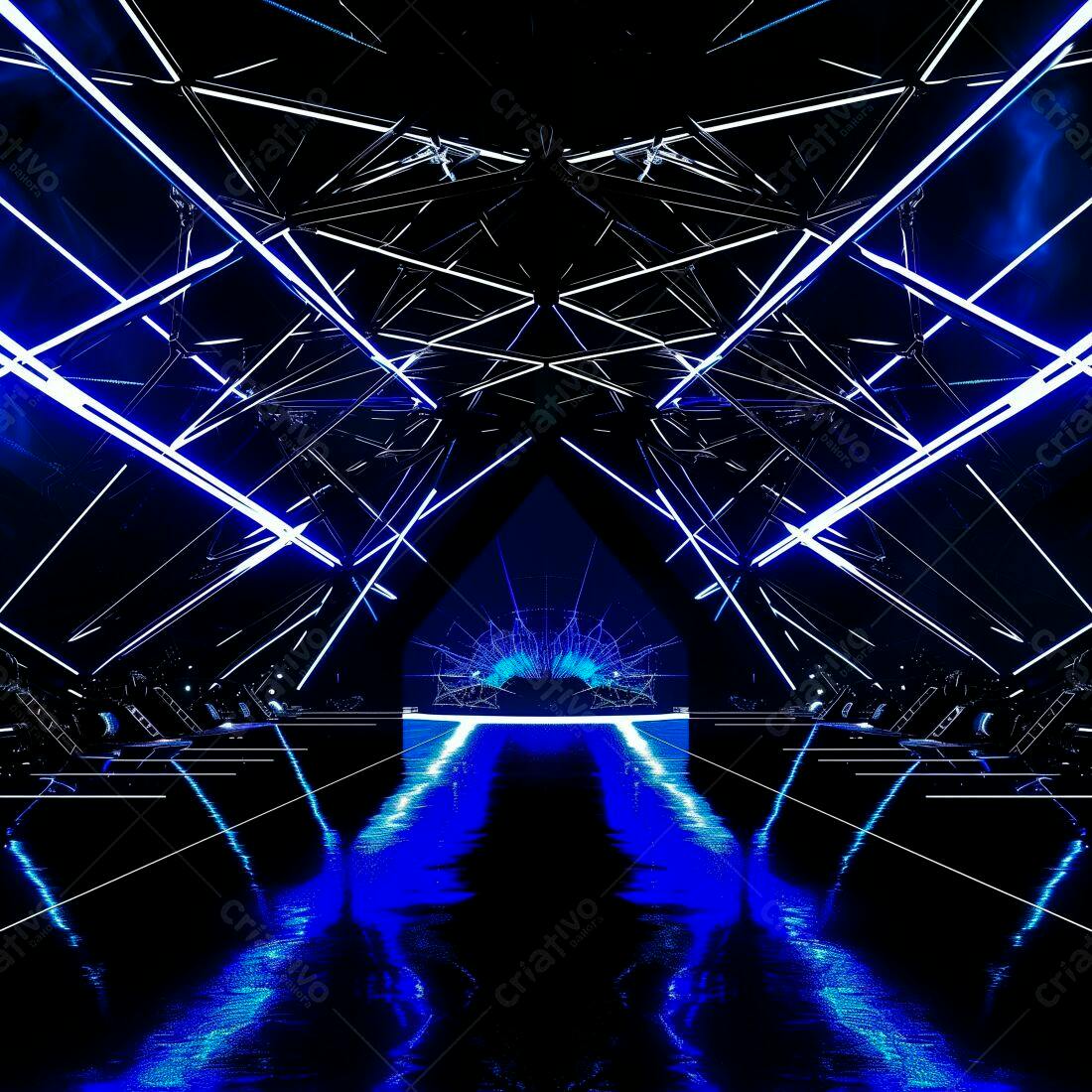 Palco futurista com iluminação azul e negra
