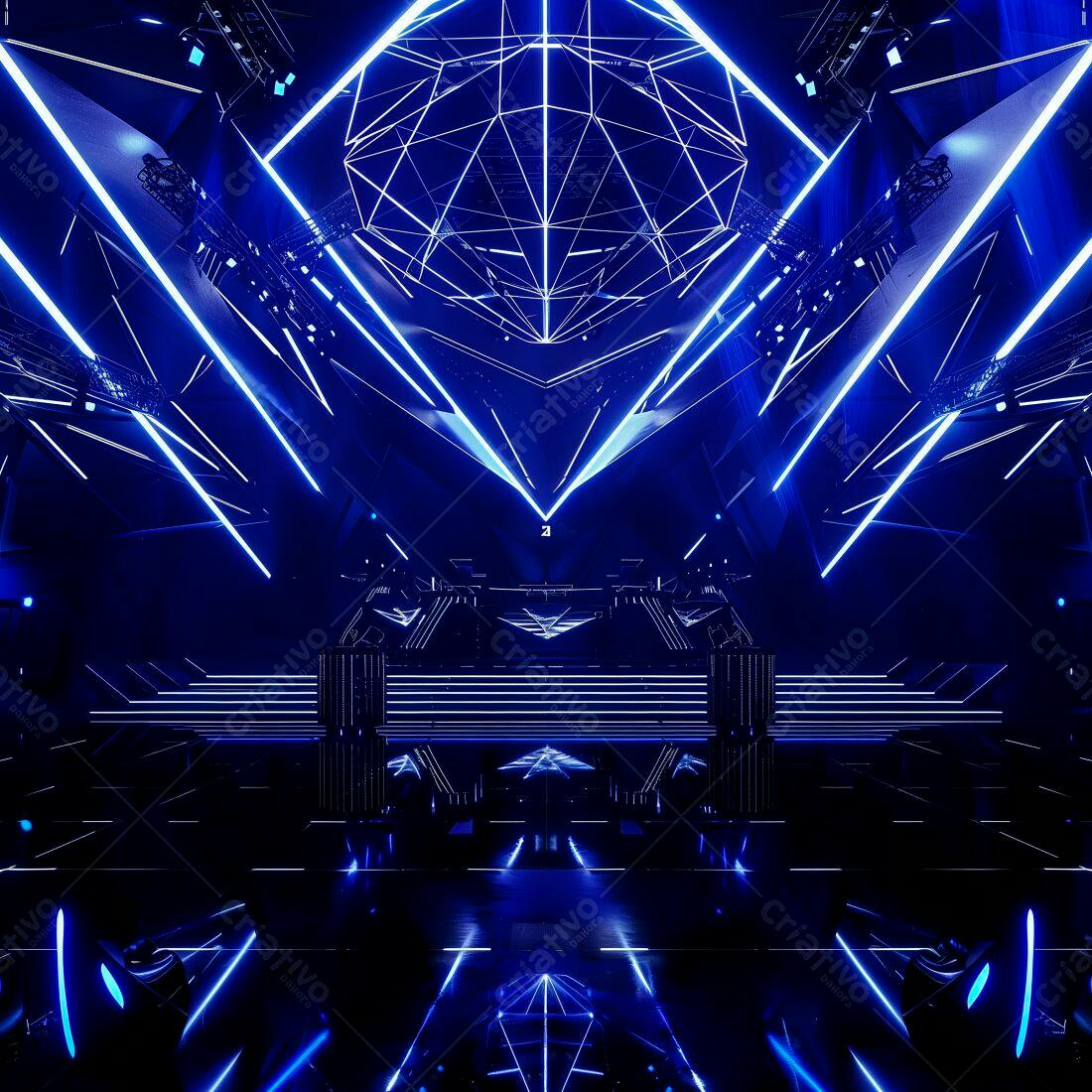 Palco futurista com iluminação azul neon