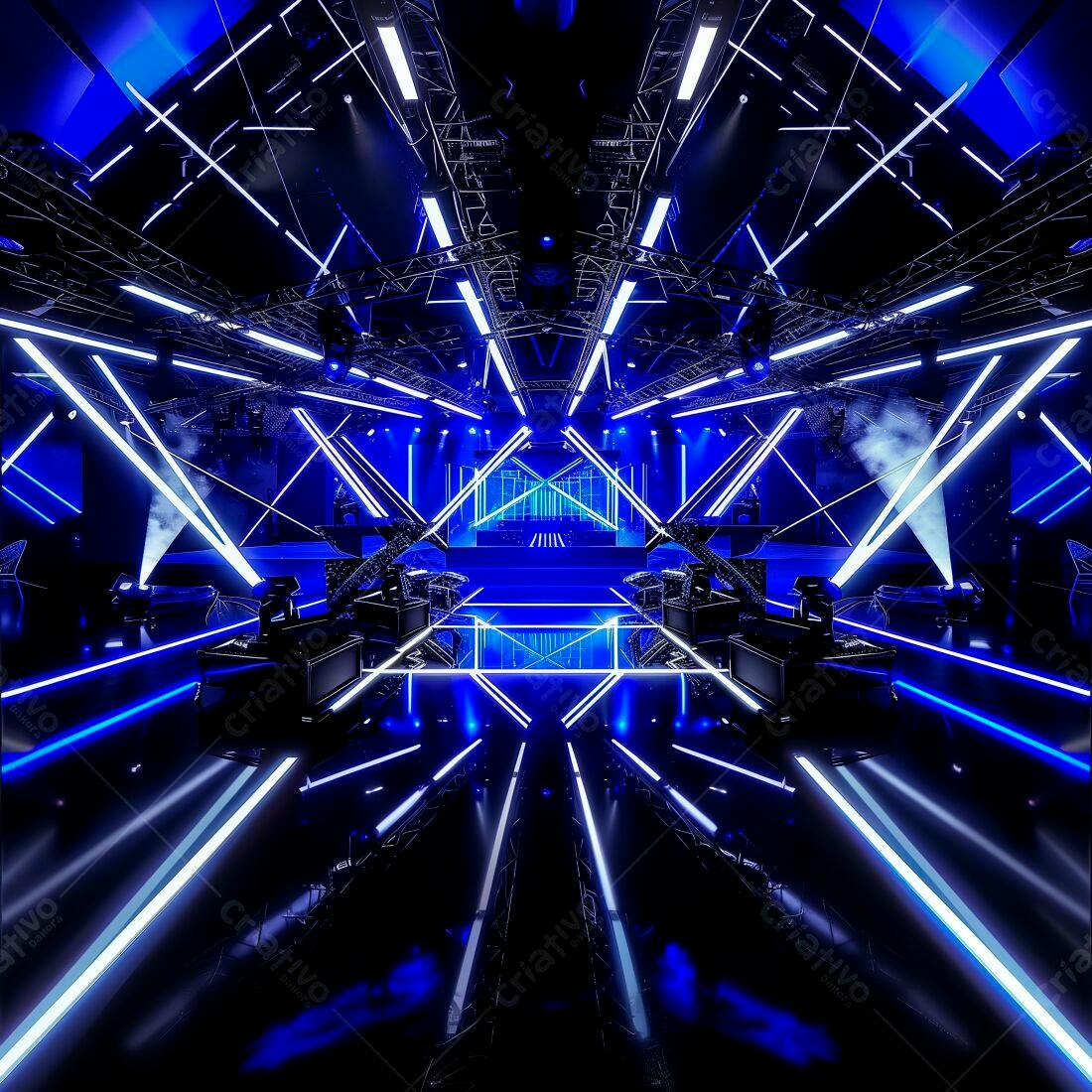 Palco futurista com iluminação azul e neon