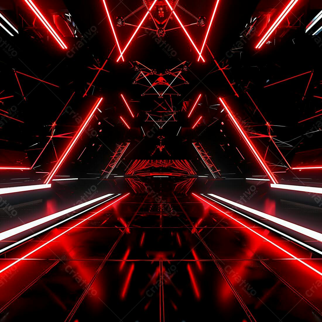 Ambiente futurista vermelho e preto com luzes de neon