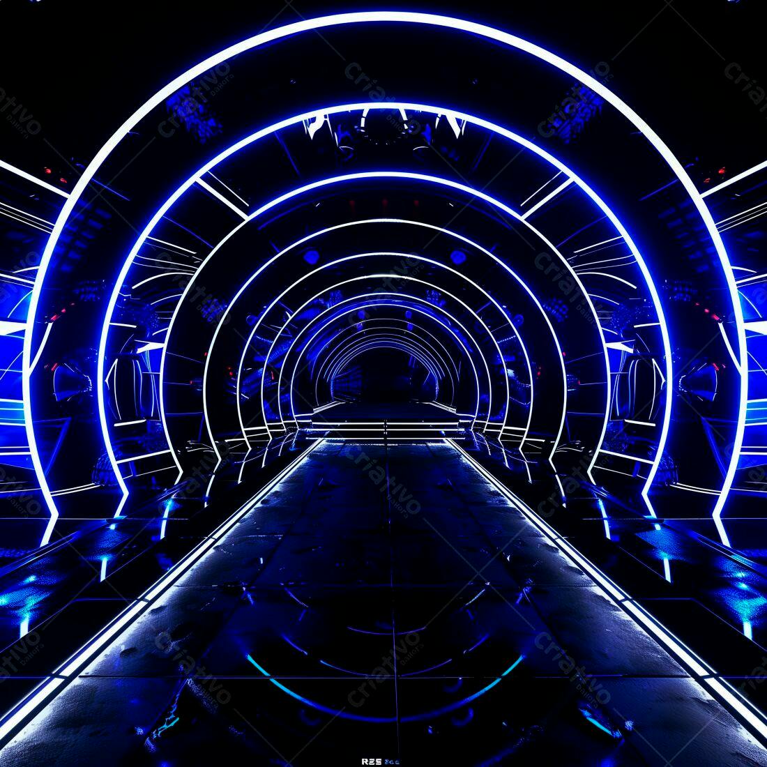 Túnel futurista com iluminação azul neon