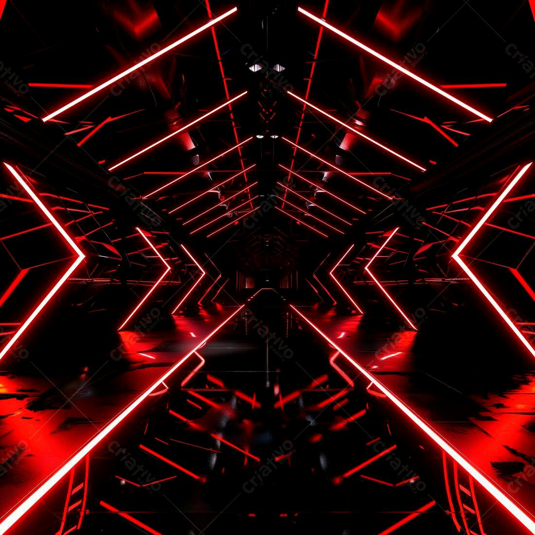 Túnel futurista com luzes neon vermelhas