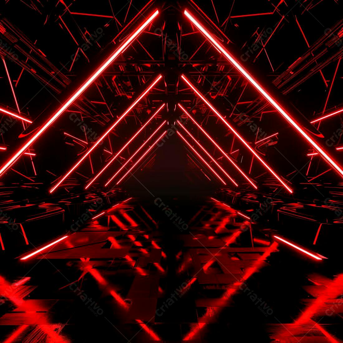 Túnel futurista com luzes neon vermelhas