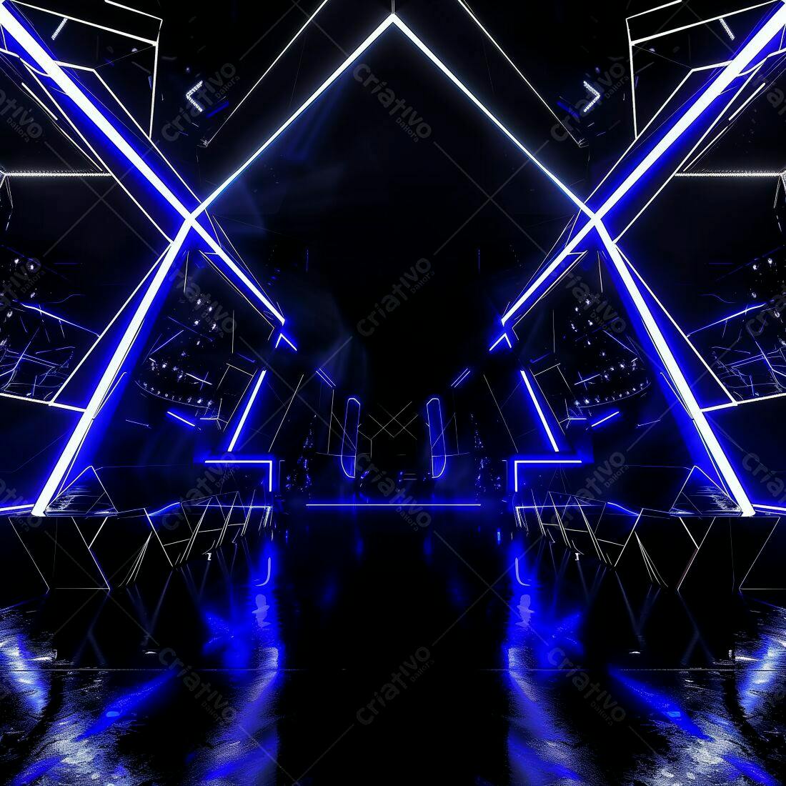 Palco futurista com iluminação azul e branca