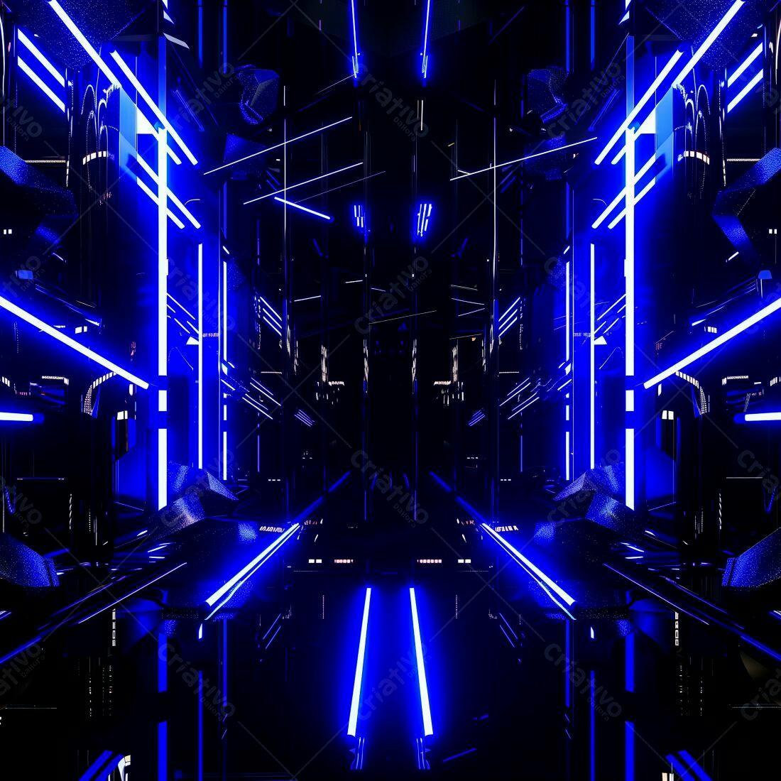 Túnel futurista com luzes azuis neon