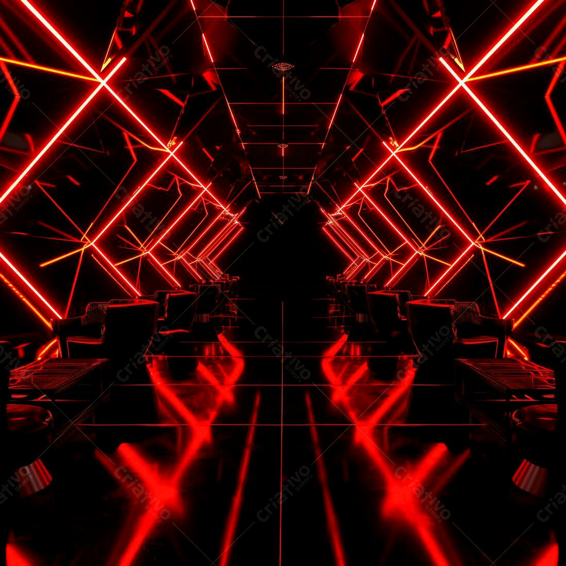 Lounge futurista vermelho com iluminação neon