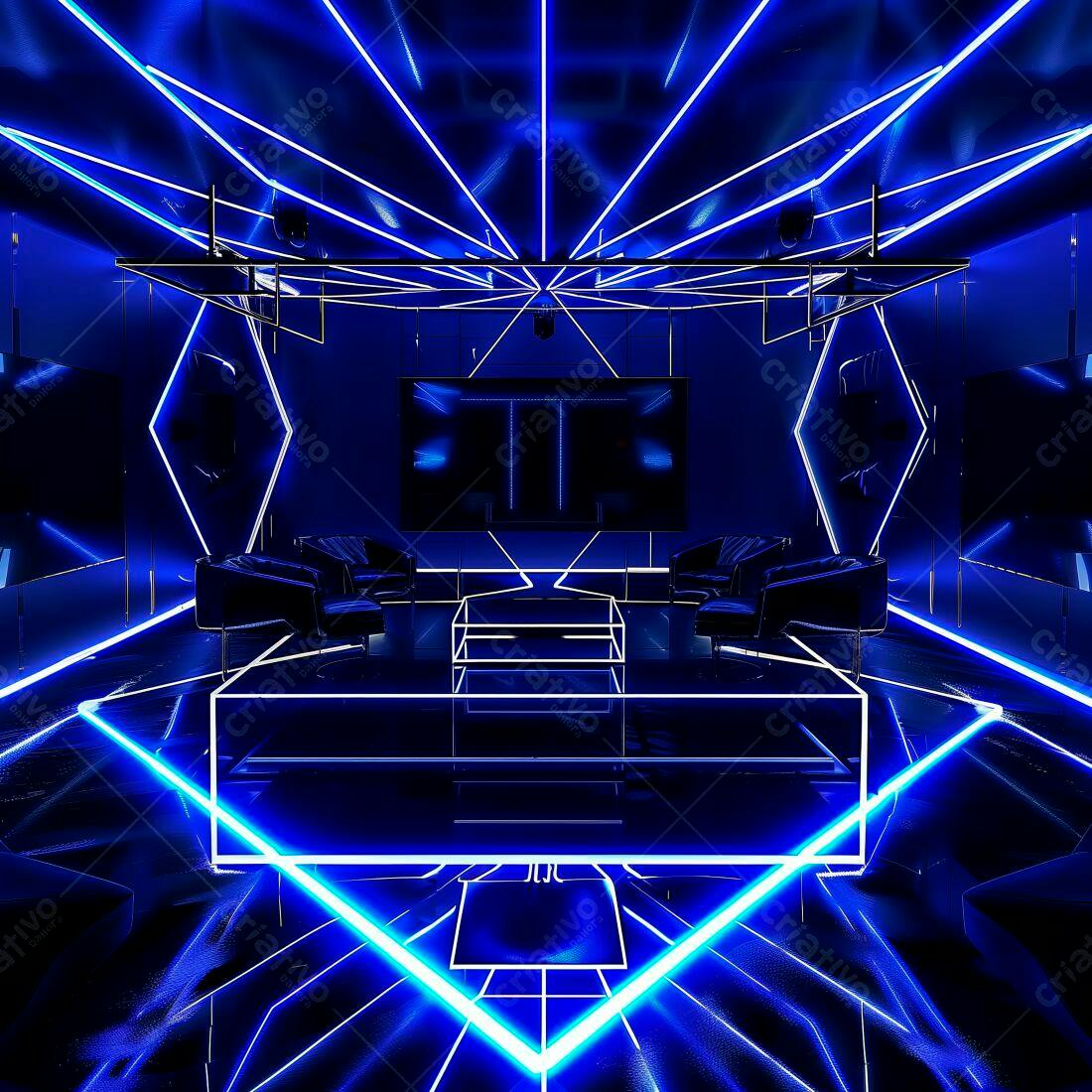 Sala de estar futurista com iluminação neon azul