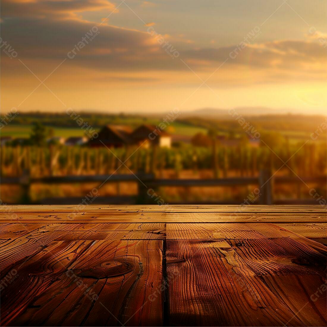 Mesa de madeira rústica ao entardecer em cenário rural