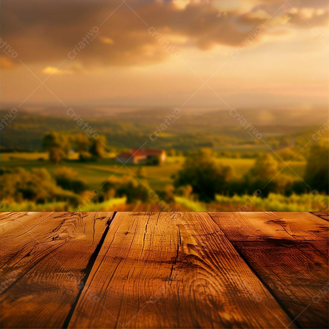 Mesa de madeira com paisagem rural ao entardecer