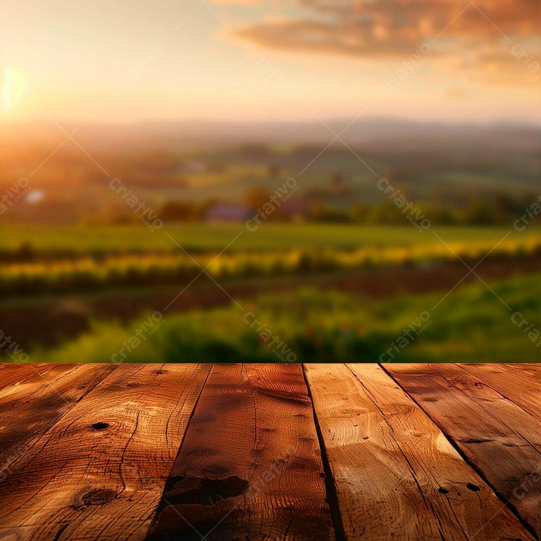 Mesa de Madeira em Paisagem Rural ao Entardecer
