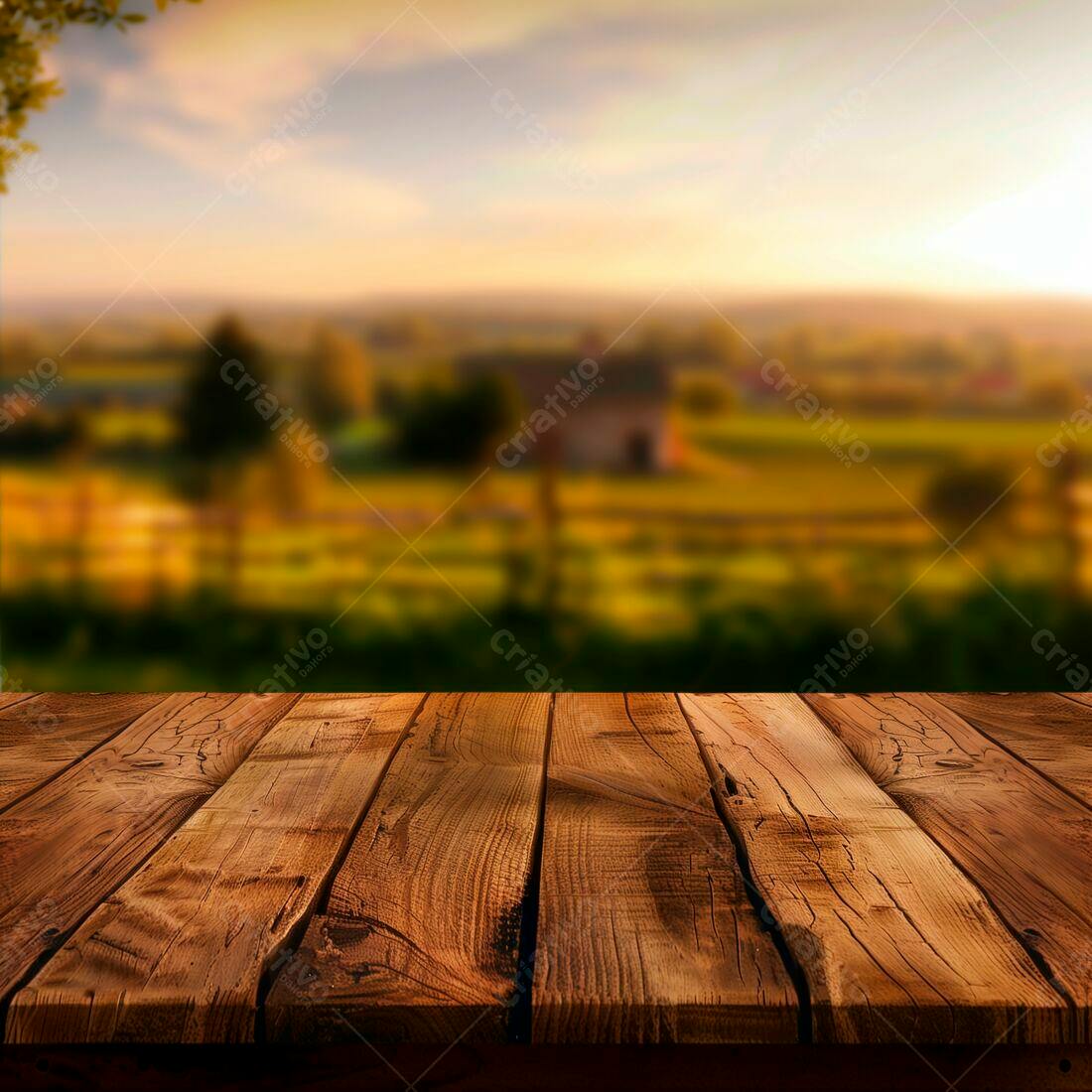 Mesa de madeira rústica com paisagem rural ao entardecer
