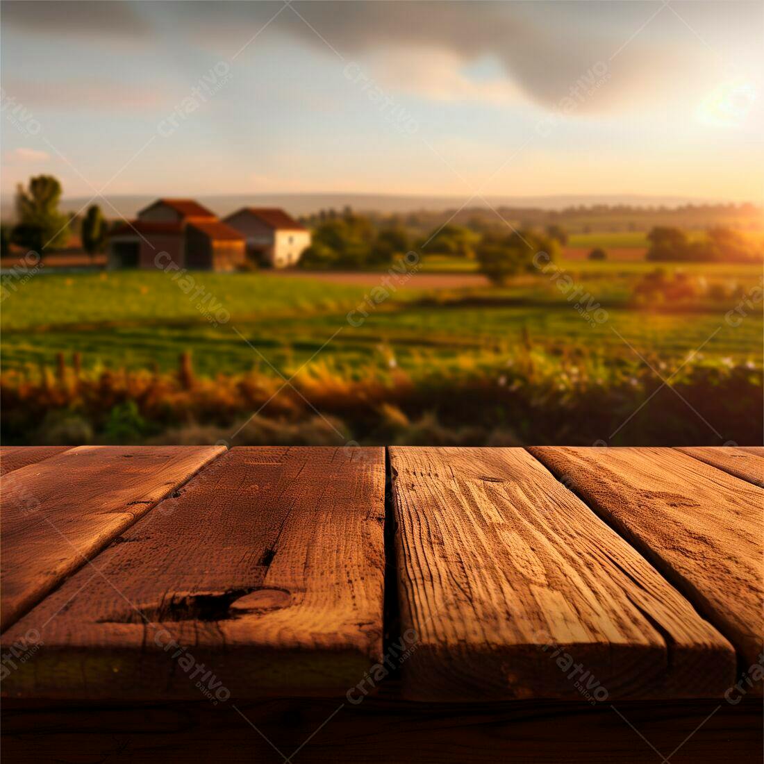 Mesa de madeira em paisagem rural ao entardecer