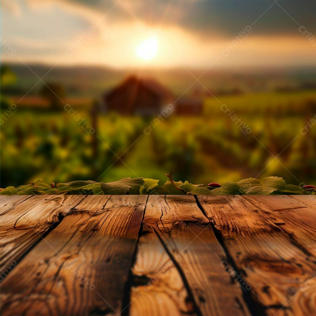 Mesa de madeira em vinhedo ao pôr do sol
