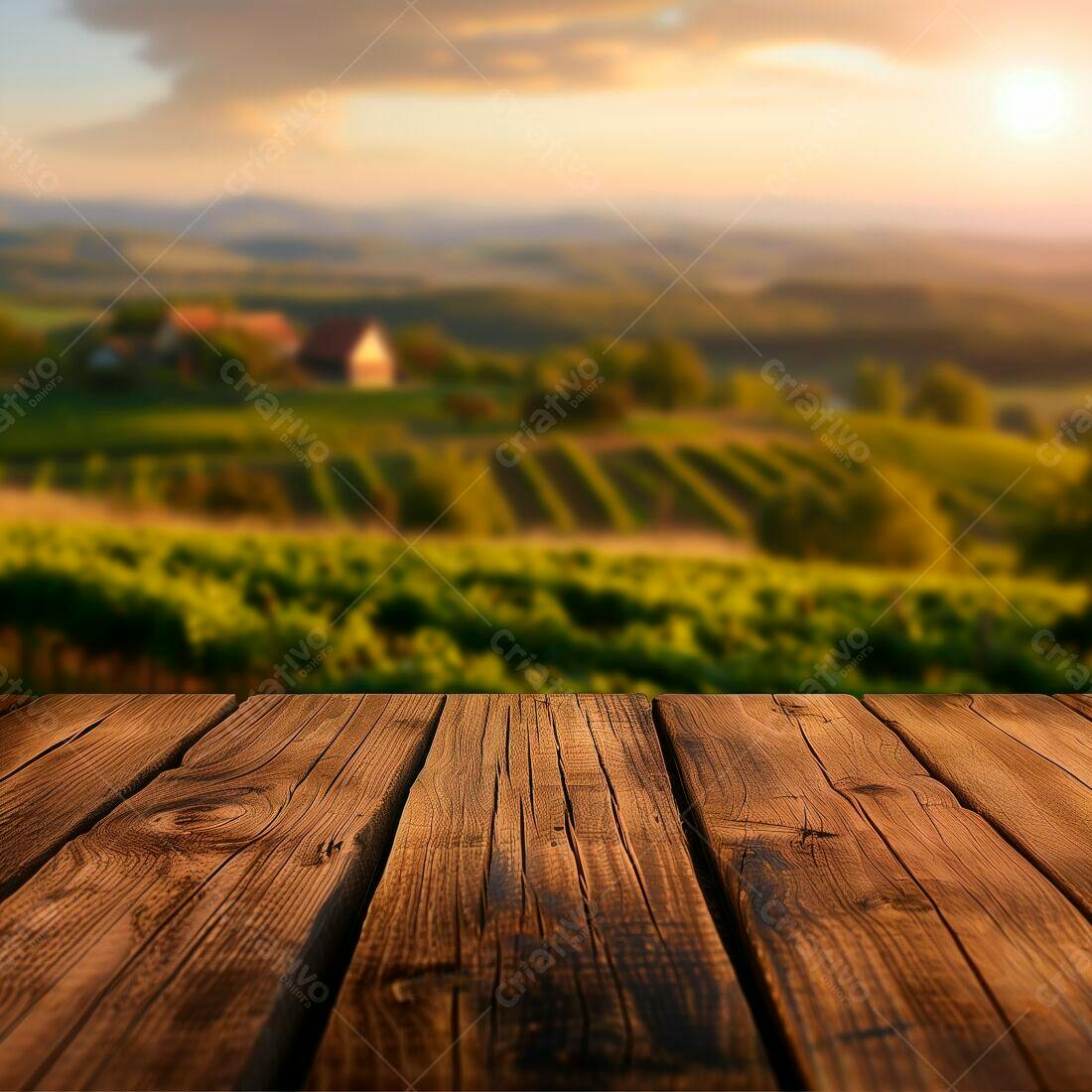 Mesa de madeira com paisagem de vinhedo ao entardecer