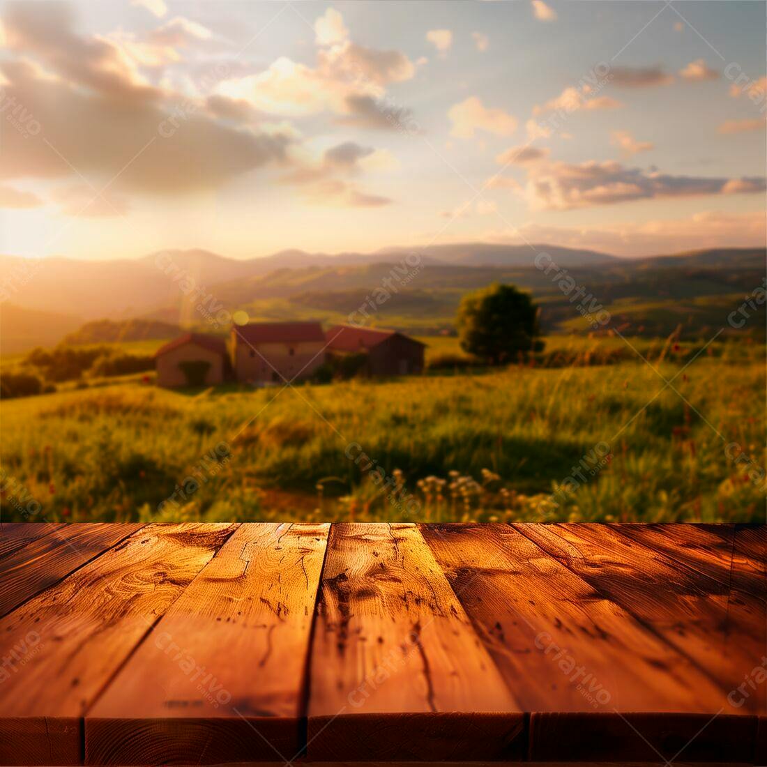 Mesa de madeira rústica com paisagem rural ao entardecer