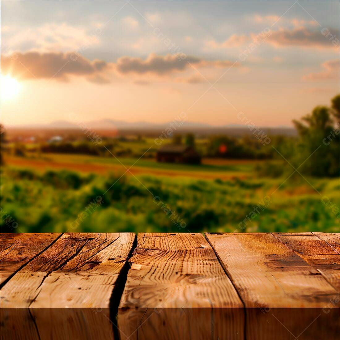 Mesa de madeira rústica com paisagem campestre ao entardecer