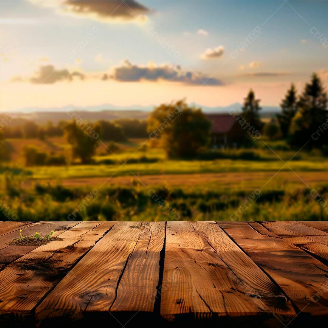 Mesa de madeira rústica com paisagem rural ao entardecer