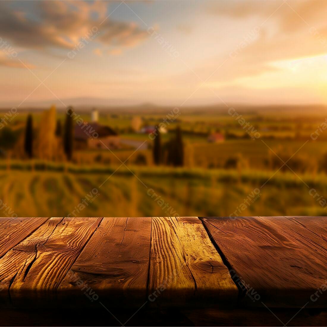 Mesa de madeira com paisagem rural ao entardecer