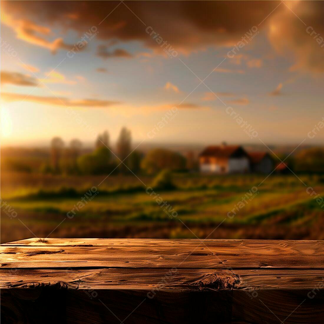 Mesa de madeira ao entardecer em cenário rural