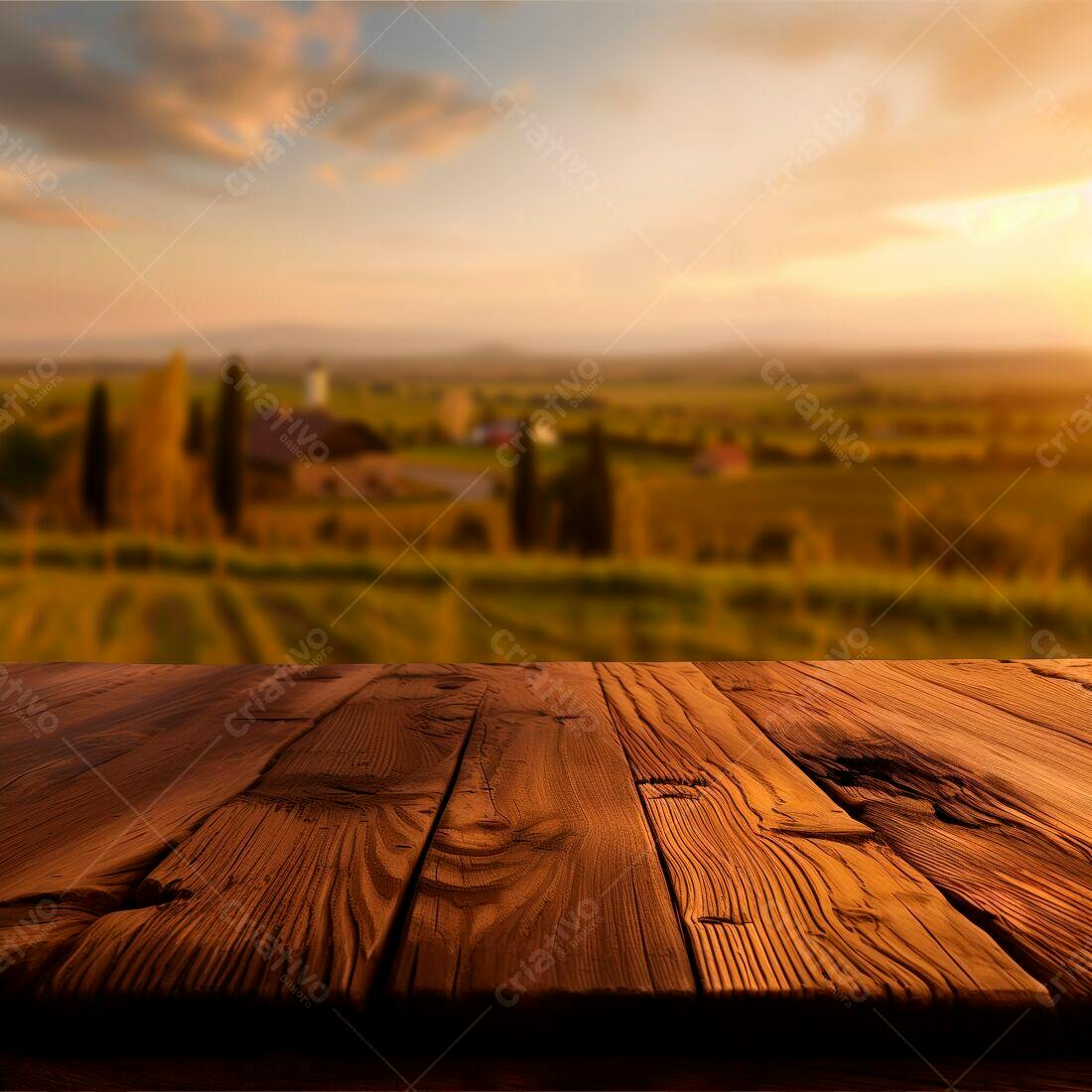 Mesa de madeira rústica com paisagem campestre ao pôr do sol