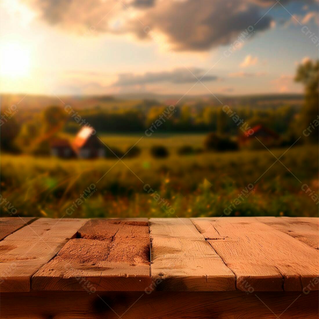 Mesa de madeira rústica com paisagem rural ao entardecer