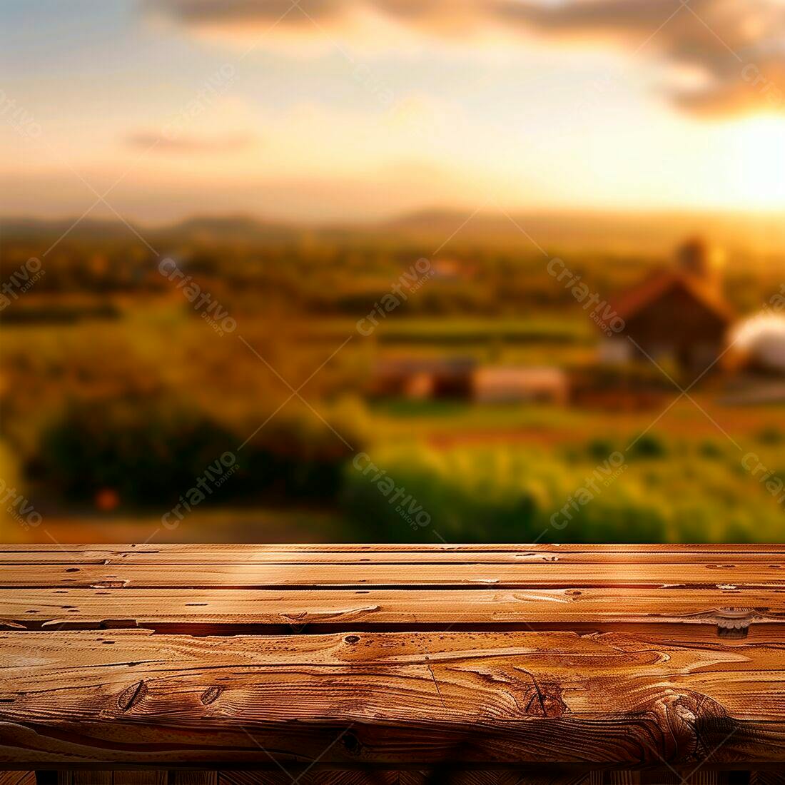 Mesa de madeira em paisagem rural ao entardecer