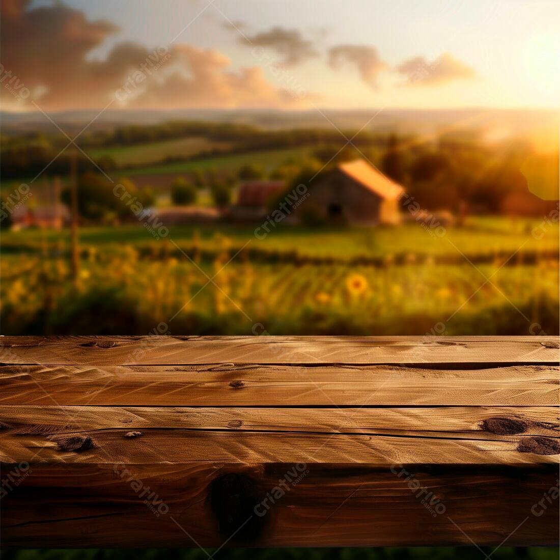 Mesa de madeira rústica com paisagem rural ao entardecer