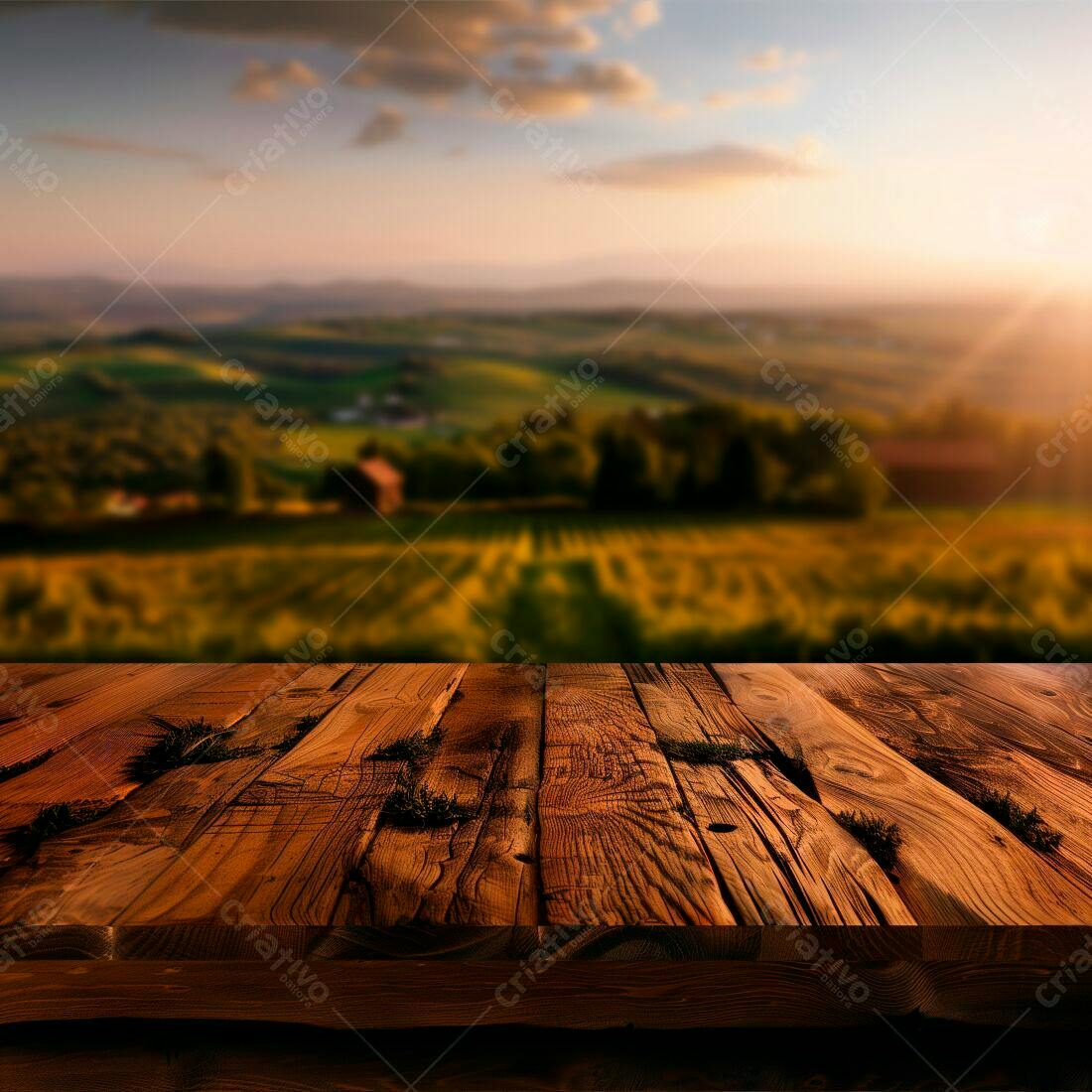 Mesa de madeira rústica com paisagem campestre ao entardecer