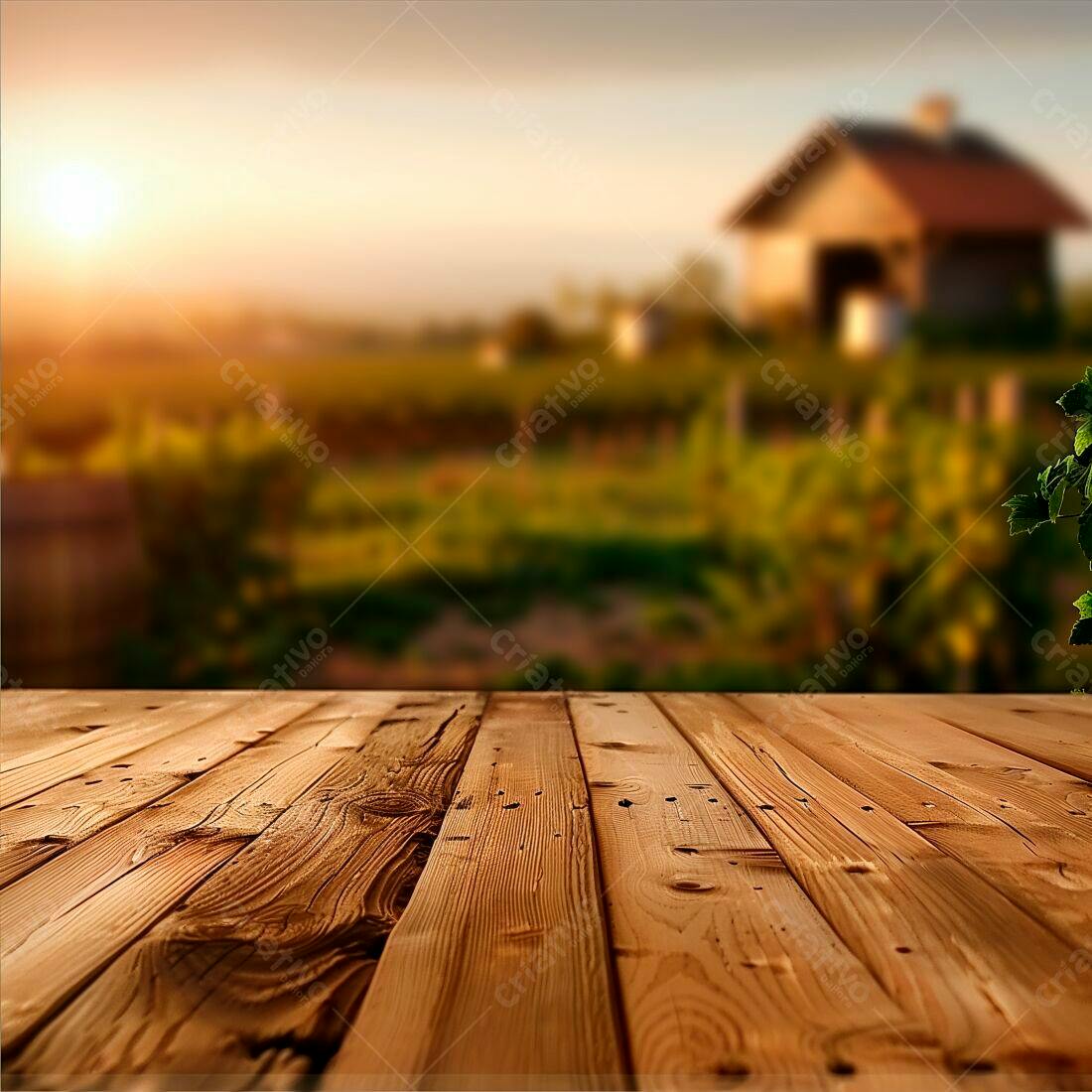 Mesa de madeira rústica com paisagem rural ao entardecer