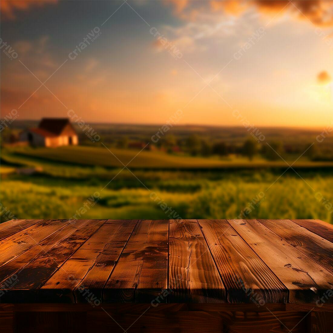 Mesa de madeira com paisagem rural ao entardecer