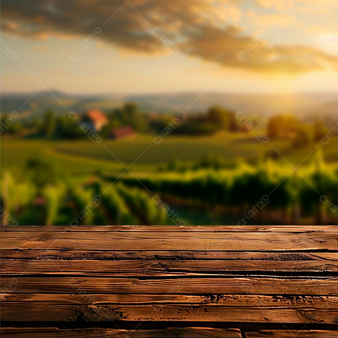 Mesa de madeira rústica com paisagem campestre ao entardecer