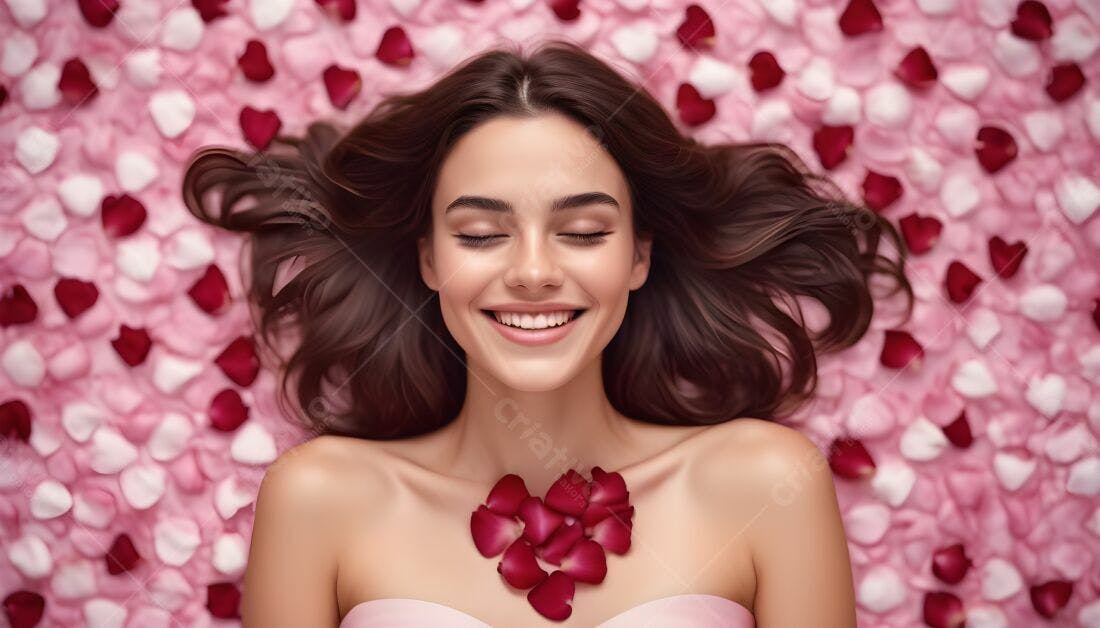 Mulher sorrindo com pétalas de rosas