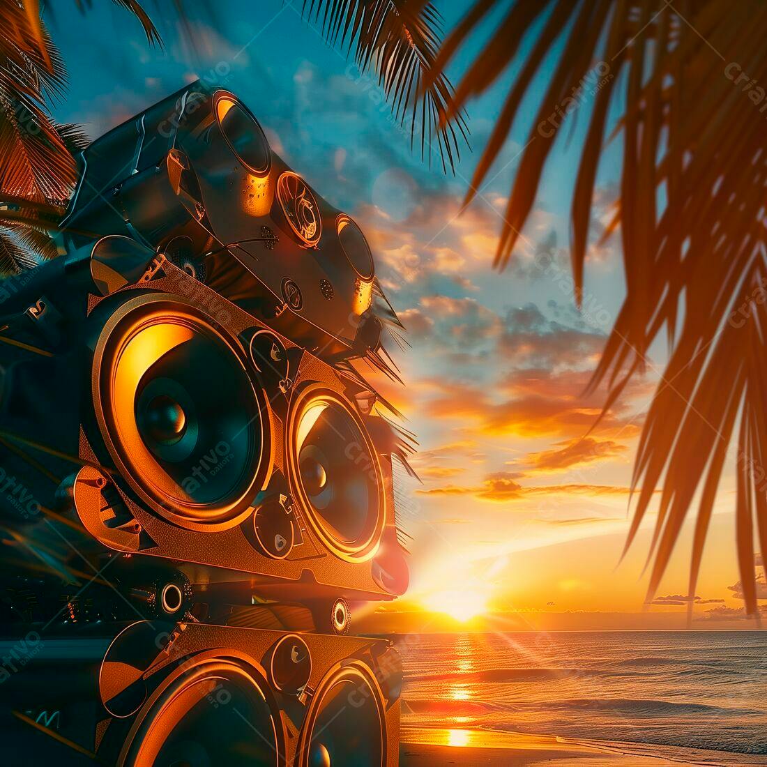 Caixas de som na praia ao pôr do sol