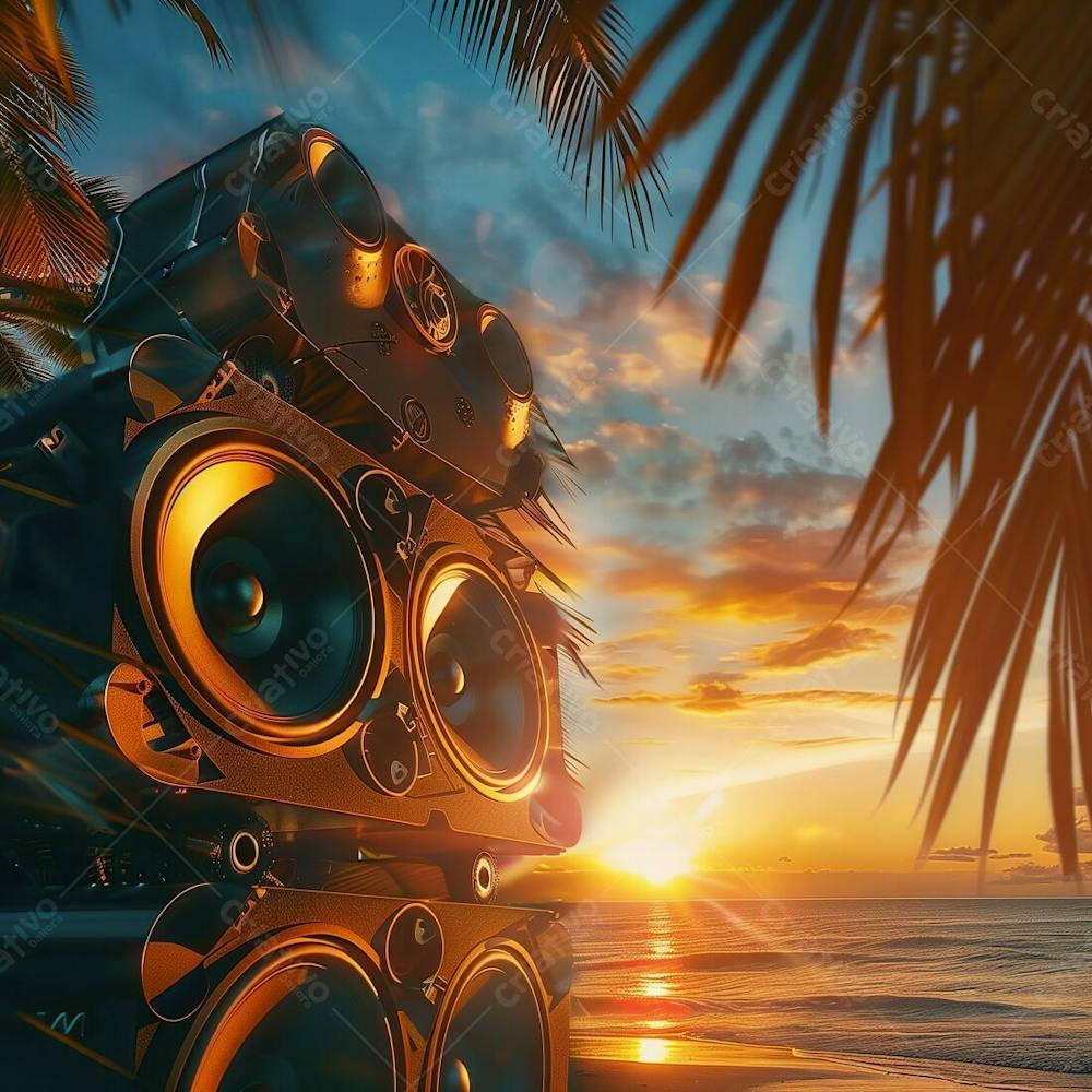SUNSET | PRAIA, POR DO SOL, CAIXAS DE SOM | BACKGROUND | IMAGEM PARA COMPOSIÇÃO